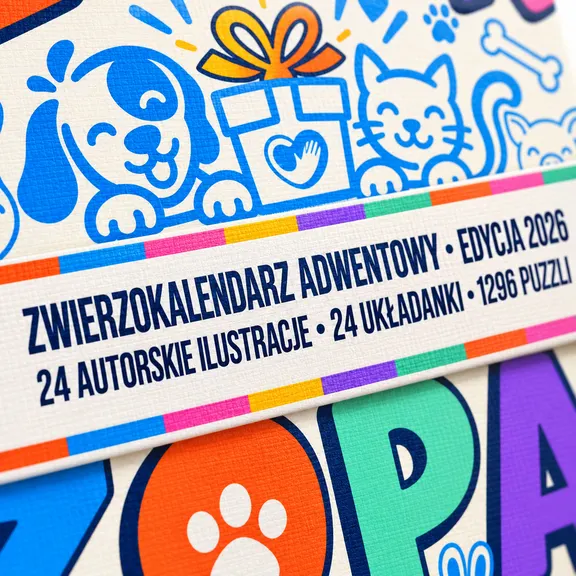 Nahaufnahme der Banderole: 24 Originalillustrationen, 24 Puzzles, 1296 Teile