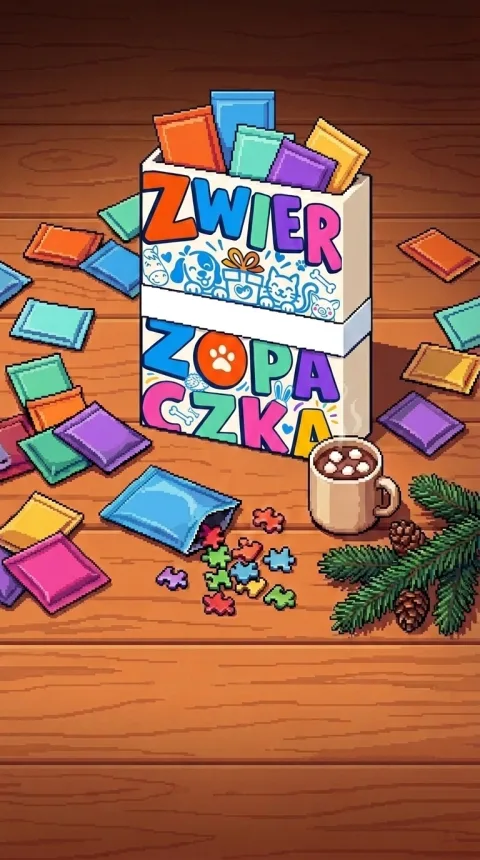 Die Zwierzokalendarz-Schachtel und bunte Puzzletütchen auf einem Holztisch